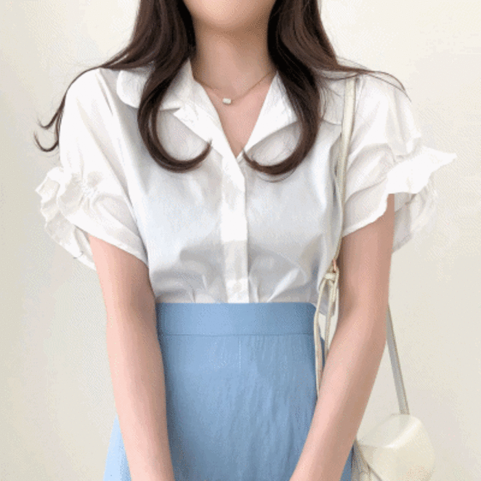 [소매포인트] 레인 카라 버튼 프릴 밴딩 셔츠 블라우스
