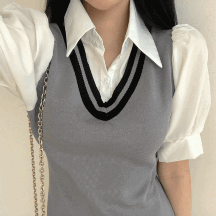[세트상품] 하이스쿨 소매 퍼프 셔츠 조끼 원피스